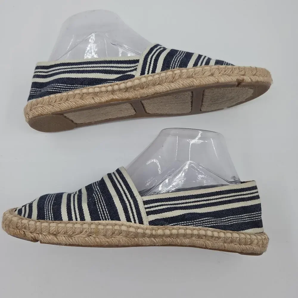 Tory Burch Espadrille Flats 9 Navy White Stripe Canvas Slip On Coastal‎ Preppy